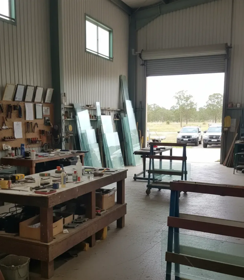 Inside an Australian glazing workshop: cutting benches, racked glass sheets and work utes at the roller door